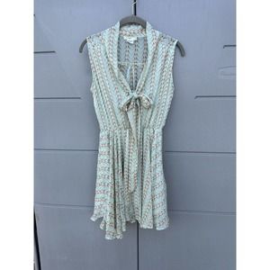 HAZEL Chiffon Pastel Birds Print Secretary Tie Fit & Flare Flowy Dress Sz Med
